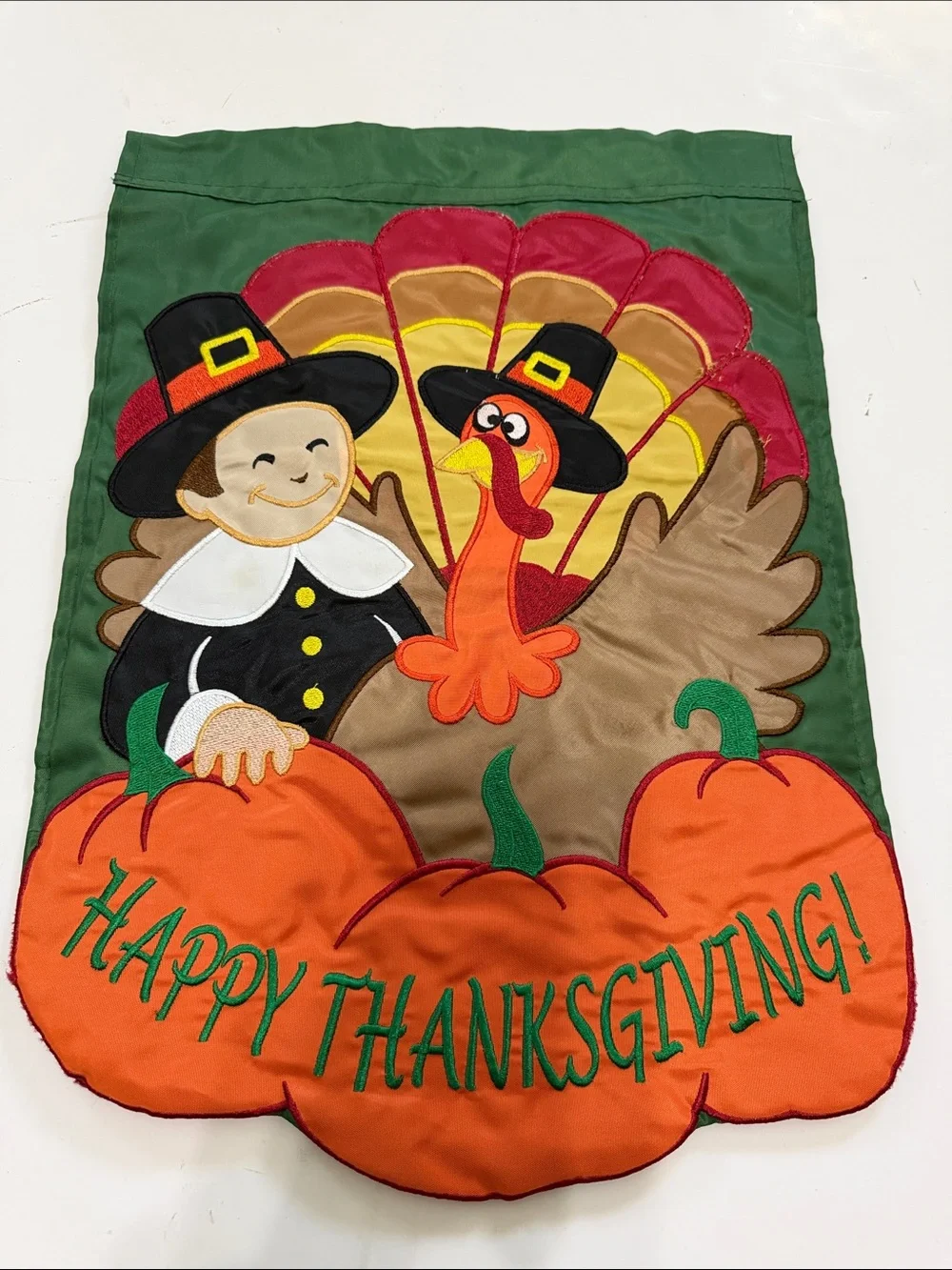 Happy Thanksgiving Garden Flag - Green Background with Orange Pumpkins